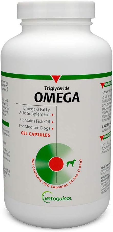 Vetoquinol Triglyceride Omega Dog Supplement Capsules, Medium-Breed: 30-60 lbs, 250ct