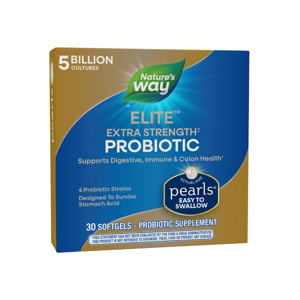 Manera de la naturaleza Elite Extra Strength Perlas Probióticas para Hombres y Mujeres, Apoya Digestivo, Inmune, Salud Colon*, 5 Billones Culturas en vivo, No Se requiere Refrigeración, 30 Softgels