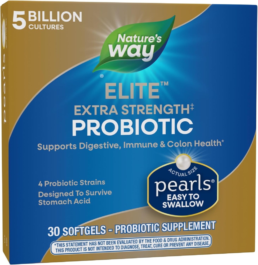 Manera de la naturaleza Elite Extra Strength Perlas Probióticas para Hombres y Mujeres, Apoya Digestivo, Inmune, Salud Colon*, 5 Billones Culturas en vivo, No Se requiere Refrigeración, 30 Softgels