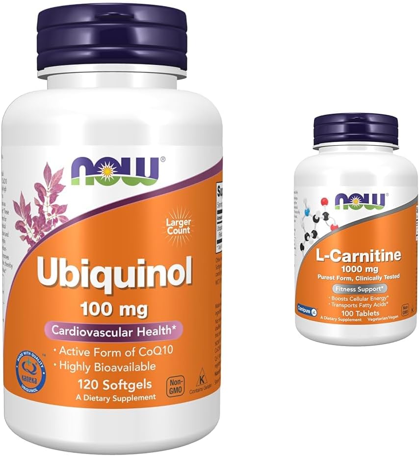AHORA Suplementos, Ubiquinol 100 mg, Alta Biodisponibilidad (La Forma Activa de CoQ10), 120 Softgels & Suplementos, L-Carnitina 1000 mg, Formulario Purest, Aminoácidos, Apoyo Fitness*, 100 Tabletas