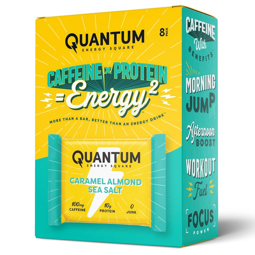 Quantum Energy Square: Energy Bar con Caffeine & 10g Protein. Delicious Healthy Snack On The Go. (Vegan, sin gluten, libre de soja, libre de lácteos) (Caramel Almond Sea Salt)