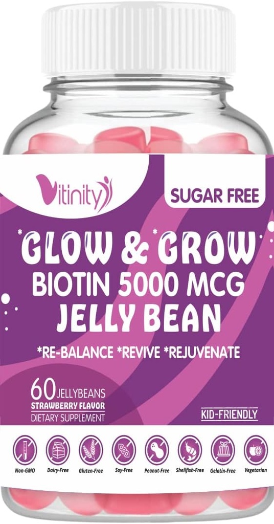 VITINITY Biotin 5000 Mcg Extra Strength Vegetarian (Vitamin B) Sugar-Free Supplement-Supports Healthier Hair & Skin - Women & Men 60 Veggie Sugar-Free Jelly Beans (30 Day Supply)