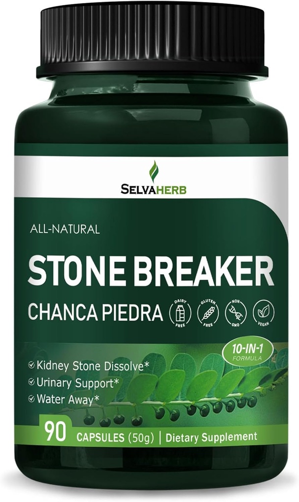 Stone Breaker (Chanca Piedra) Capsules for Kidney Stone Dissolve, Urinary Support & Water Away Herbal Supplements w/Horsetail Uva Ursi Goldenrod Dandelion Cat's Claw Extract. 90 Count