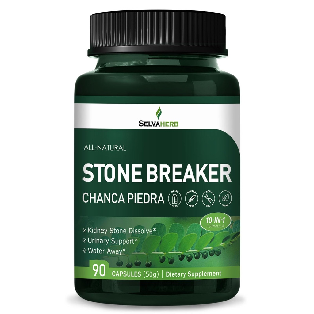 Stone Breaker (Chanca Piedra) cápsulas para el disuelve de piedra del riñón, soporte urinario " Agua Away Herbal Suplementos w/Horsetail Uva Ursi Goldenrod Dandelion Cat's Claw Extract. 90 Conde