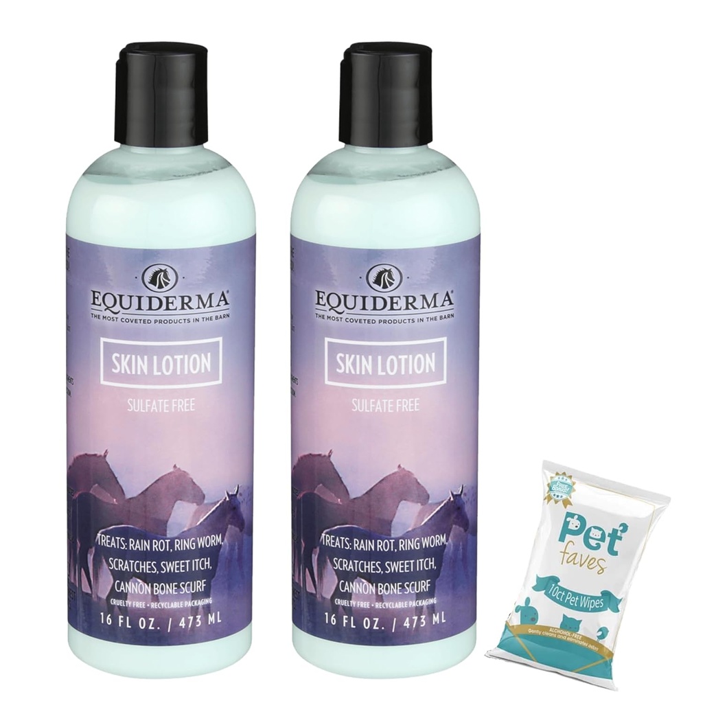 EQUIDERMA (2 Pack) Loción de la piel de caballo con 10‐Count Mascotas Esposas de mascotas – Alivio calmante suave para el hueso de cañón, Irritación Mane & Tail, Esquí seco y costras