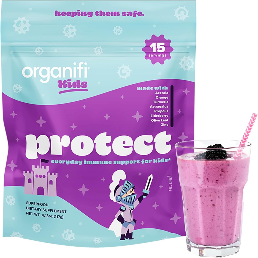 Niños organizados: Proteger - Soporte diario para niños con anciano, cereza de Acerola y zinc - Powder de inmunidad saborizada de Berry - Planta-Basado, Vegan y Sin gluten, lácteo o soja - 15 Servimientos