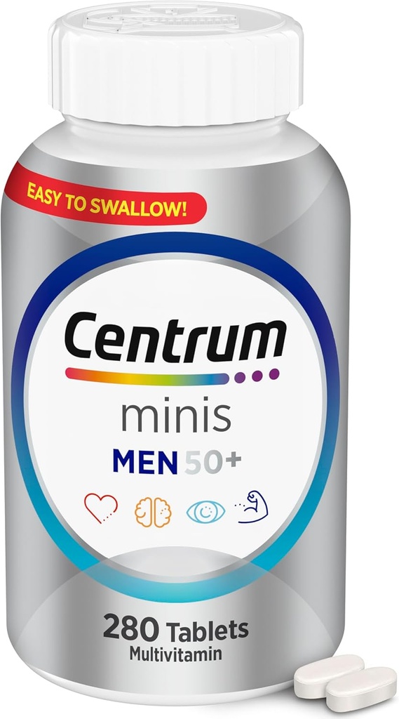 Centrum Minis Multivitaminas de Plata para Hombres 50 Plus, Suplemento Multivitamina/Multimineral, Vitamina D3, B-Vitamins y Zinc, Ingredientes no GMO, soporta memoria y cognición en adultos mayores - 280 Ct