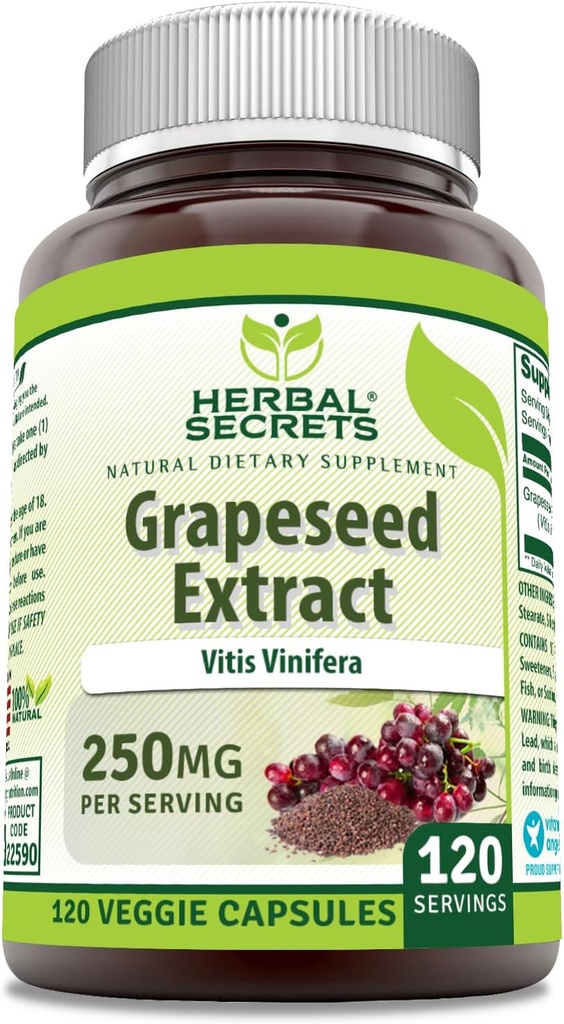 Herbal Secrets Grapeseed Extract Supplement TEN 250 Mg per Serving TEN 120 Veggie Capsules ← Non-GMO ANTE Gluten-Free TEN Made in USA