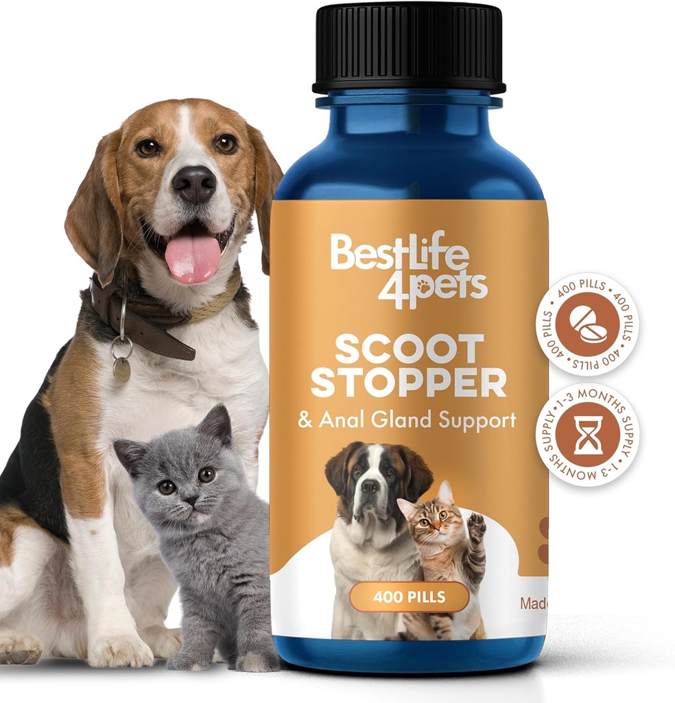 Scoot Stopper for Dogs & Cats – Natural Anal Gland &amp; Digestive Support Supplement for Scooting, Stool Consistency, Constipation, Indoor Accidents & Dificultad Pooping – 400 Odorless Pills