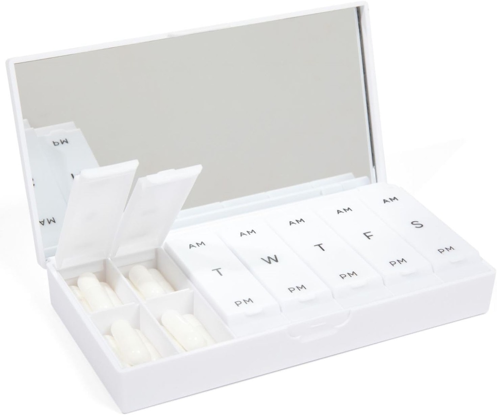 PORT X POLISH Designer Weekly Pill Box Organizer (AM/PM 2X Daily, Crisp White) Silencio Compacto, Estilizado 7-Day Vitamin Supplement Case ← Cute Portable Mini Travel Medicine Carrier  BPA-Free Pillbox Caddy