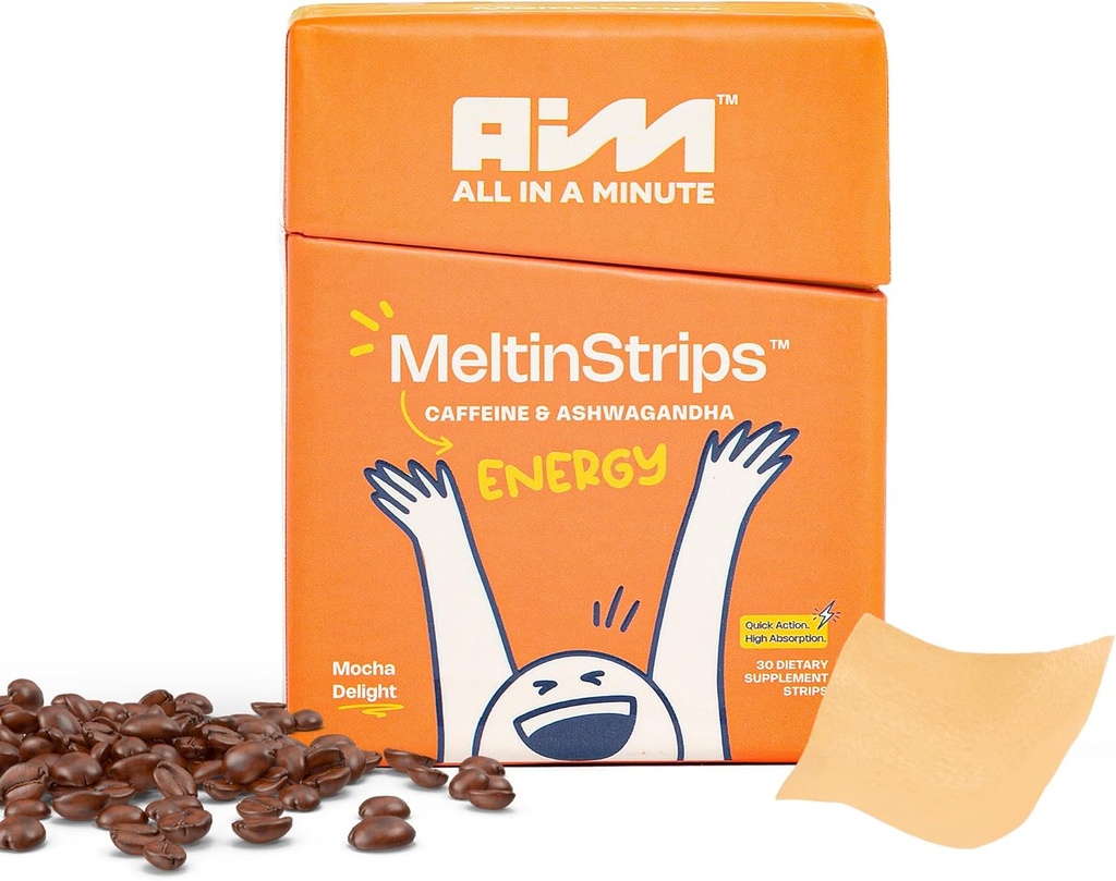 MeltinStripsTM Energy Strips with 40mg Caffeine, 20mg Ashwagandha & Vitamin B12 ← Energía instantánea > Sin Jitters o Crash ← Trabaja más rápido que el café ¦ Mocha Flavor - 30 Strips