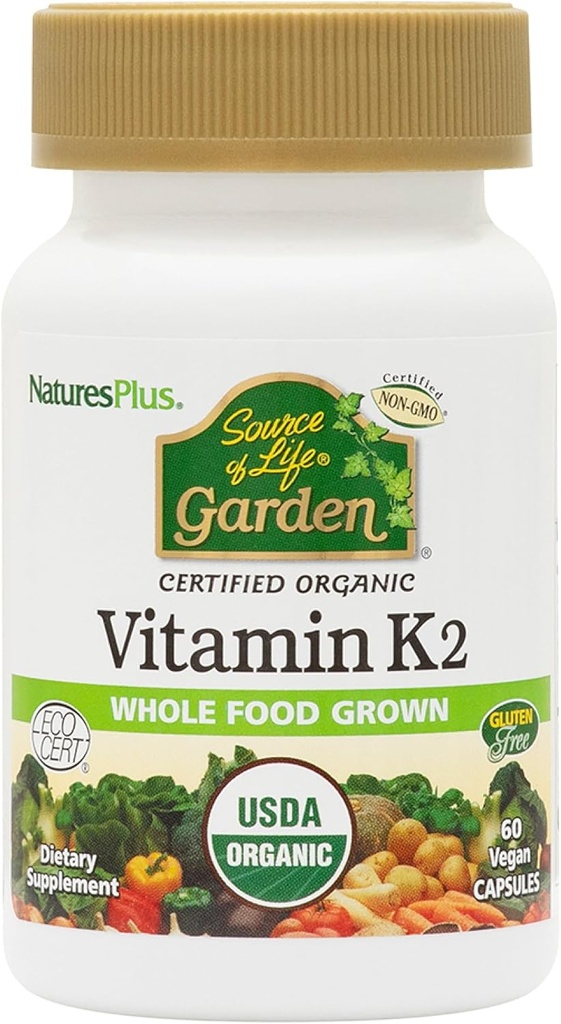 NaturesPlus Fuente de Life Garden Vitamin K2-60 Vegan Capsules, Pack of 2 - Bone Support - Certified Organic, Non-GMO, Gluten Free - 120 Total Servings