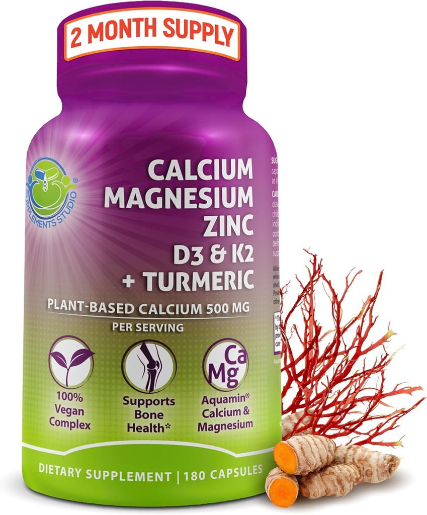 Plant-Based Calcium 500mg (Aquamin) – Vegan Calcium Magnesium Zinc D3 with Vitamin K2 & Organic Turmeric – Enhanced Bone and Muscle Health & Strength, Immune Support for Women & Men - 180 Count
