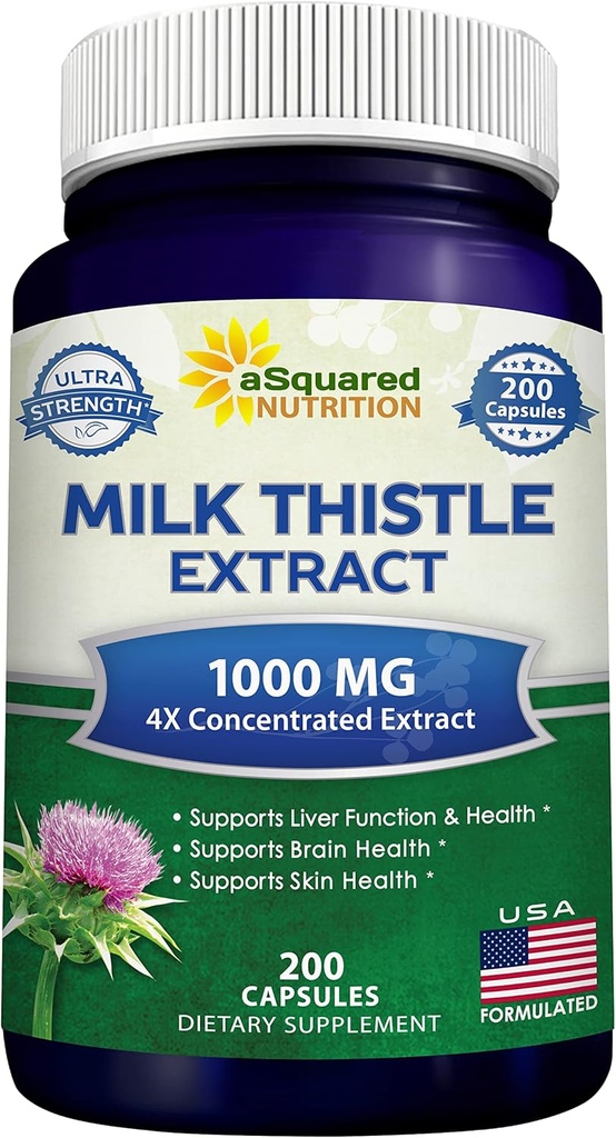 ASquared Nutrition Milk Thistle Suplemento 1000mg-200 Capsules,Max Strength 4X Concentrated Extract 4:1 Milk Seed Powder Herb Pills, 1000 mg Silymarin Extract for Liver Support, Cleanse, Detox
