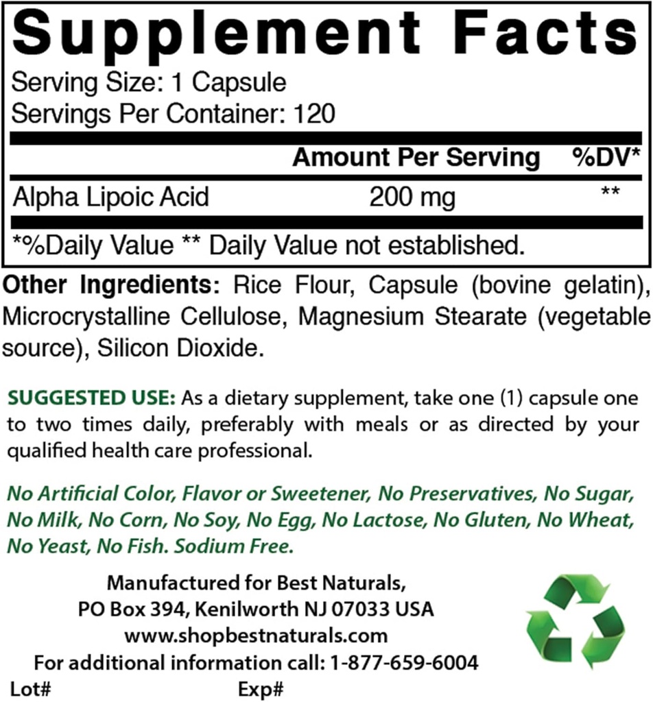 Mejores Naturales Ácido Lipoico alfa 200 Mg &amp; Acetyl L-Carnitine 500 Mg