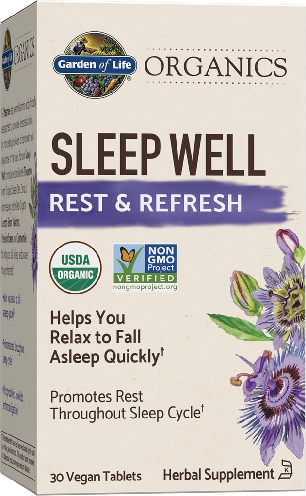 Jardín de Vida Orgánicas Descanso del sueño > Refrescos 30 Tabletas, Balm de limón, Tea verde Extracto L-Theanine, Golondrina Root, Chamomile, Probióticos-Organic No GMO Vegan Gluten Suplemento Herbario Libre