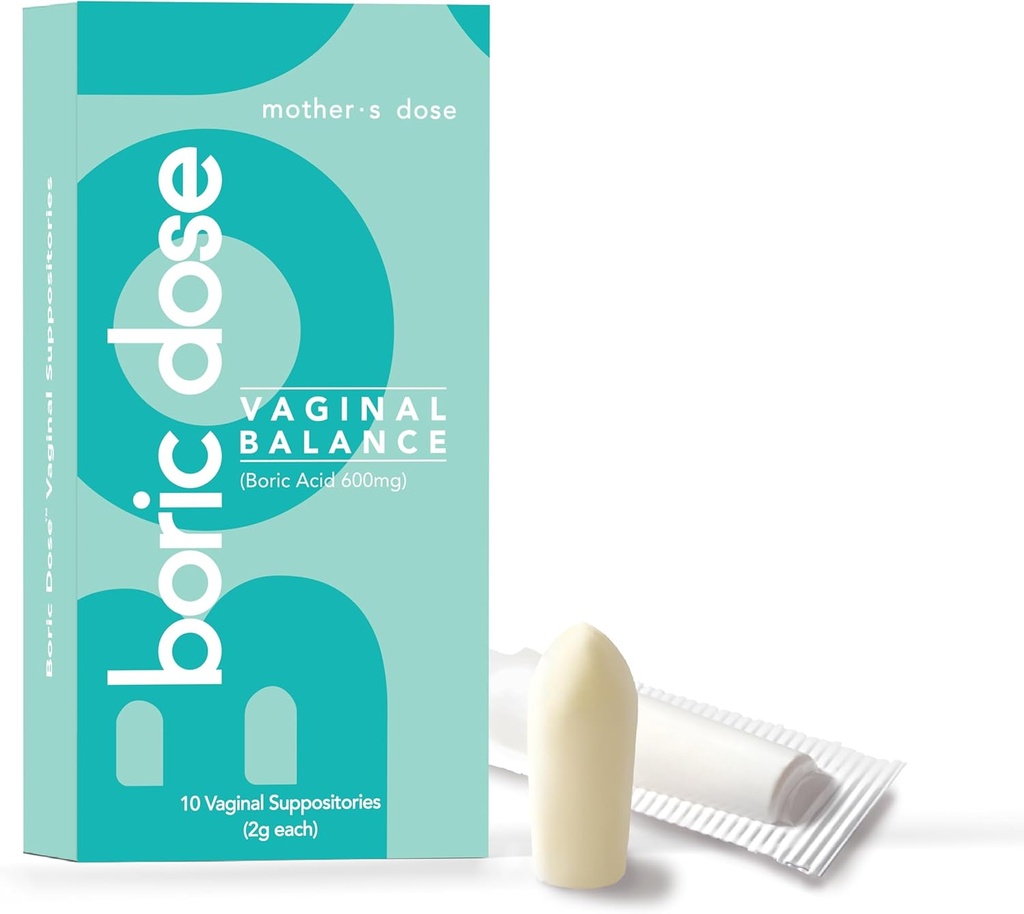 Madres Dose Boric Acid Suppositories - Maintains and Balances Healthy Vaginal pH, Manages Odor, Hydrates, " Moisturizes. EE.UU. Hecho con mantequilla de cacao y aceite de coco