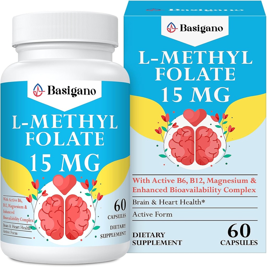 15mg L Methylfolate (5-MTHF)- ácido fólico activo Enriquecido con vitaminas B6 y B12-60 cápsulas vegetarianas - no GMO, libre de gluten