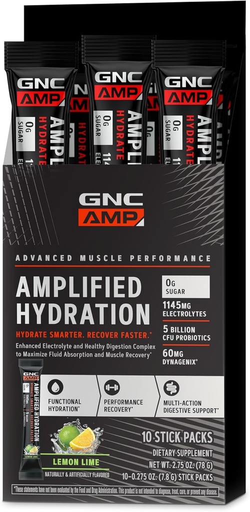GNC AMP Amplificado Hydration Electrolyte Powder Drink Mix  Enhanced Electrolyte &amp; Healthy Digestion Complex ← Lemon Lime  10 count