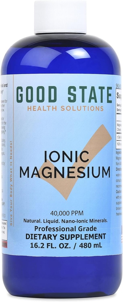 Good State ← Ionic Magnesium 16 oz. sometida Natural ← Nano Sized Mineral Technology ← Grado profesional  Apoyo Saludable Química &amp; Enzymes Reacciones ← 192 Serviciones a 100 mg por servir  16 Fl oz Bottle