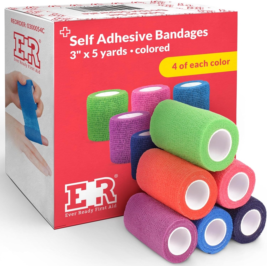 Ever Ready First Aid Self Adherent Cohesive Bandages 3" x 5 Yards - 24 Cuenta, Rainbow Colors