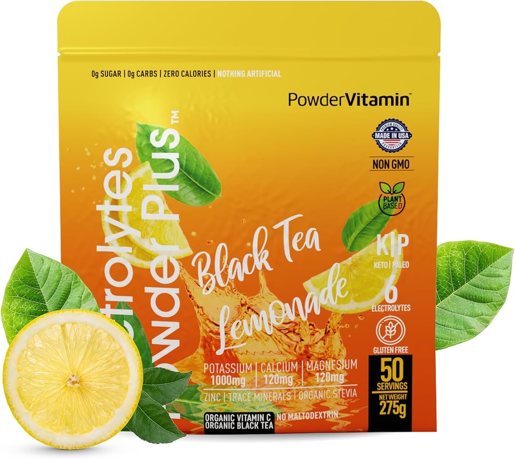 Electrolytes Powder Plus (50 Servings) Black Tea Lemonade Electrolyte Powder Zero Calorie Keto,0 Azúcar, Sin Maltodextrin,1000mg Potasio, 120mg Calcio,120mg Magnesio, Polvo de Hidratación