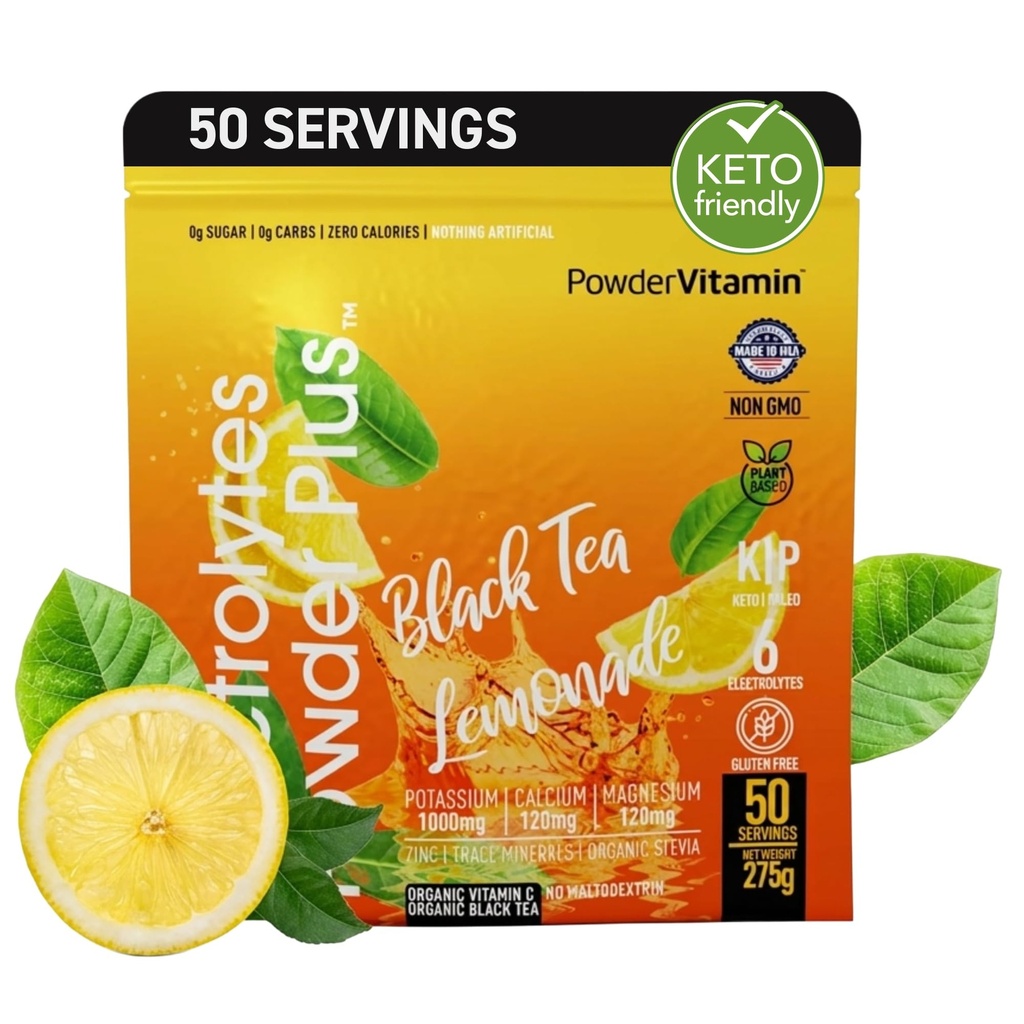 Electrolytes Powder Plus (50 Servings) Black Tea Lemonade Electrolyte Powder Zero Calorie Keto,0 Azúcar, Sin Maltodextrin,1000mg Potasio, 120mg Calcio,120mg Magnesio, Polvo de Hidratación