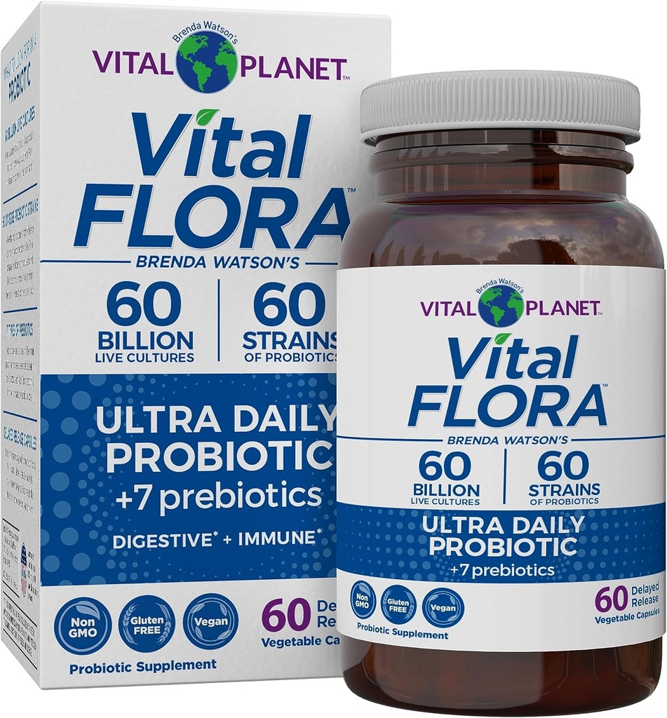 Vital Planet - Vital Flora Ultra Daily Probiotic 60 Billion CFU, Diverse Strains, Prebióticos Orgánicos, Immune Support, Bloating Relief, Digestive Health Probiotics for Women and Men 60 Capsules