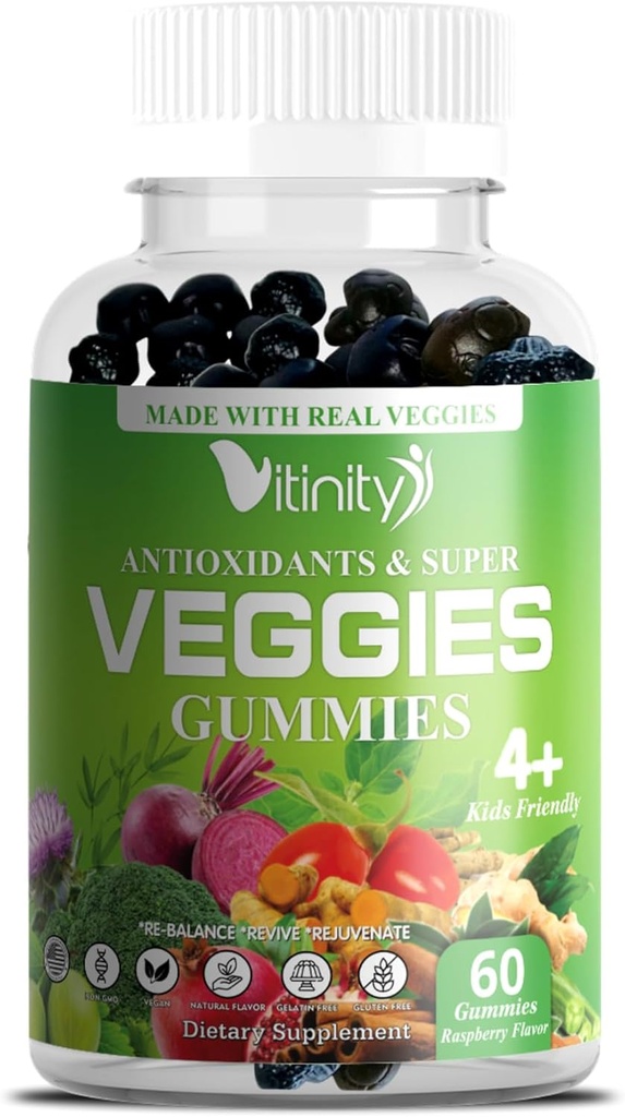 VITINITY Made with Real Super Veggies Delicious Gummy Supplement,Men,Women & Kids(60 Chews),30 Veggies,Herbs,Fruit and Vegetable Vitamins,Non-GMO,Pectin-Based,Gluten-Free,No More Pills (30 Day Supply)
