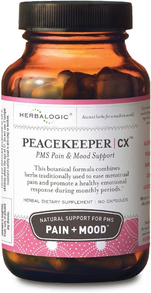 Herbalogic - Peacekeeper CX Herb Capsules - Reduce PMS Related Mood Swings - Reduce los calambres &amp; Dolor asociado con Períodos Mensuales - Contiene Turmeric &amp; Corydalis - 90 Cap Count