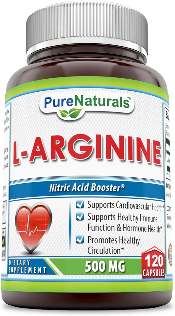 Naturales puros L-Arginina 500 Mg capsules, soporta la salud cardiovascular, apoya la función sana de la inmunología &amp; la salud hormonal, promueve la circulación saludable (120)