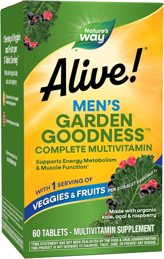 Nature's Way Alive! Garden Goodness Men's Multivitamin, One Serving of Veggies and Fruits**, High Potency B-Vitamins, 60 Tablets