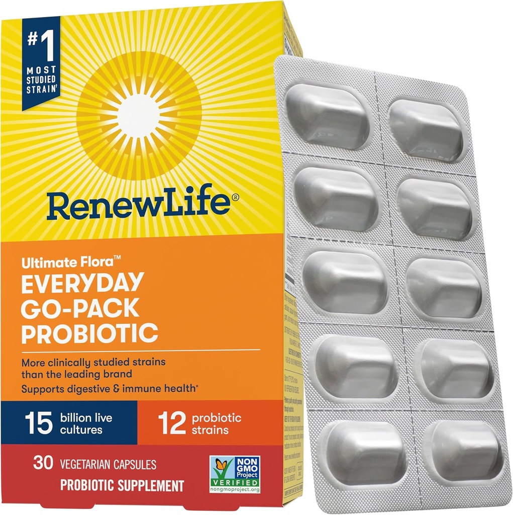 Renovar vida Cada día Go-Pack Probiotic Capsules, Suplemento diario apoya la salud urinaria, digestiva e inmunitaria, L. Rhamnosus GG, Dairy, Soy y sin gluten, 15 Billion CFU, 30 Conde