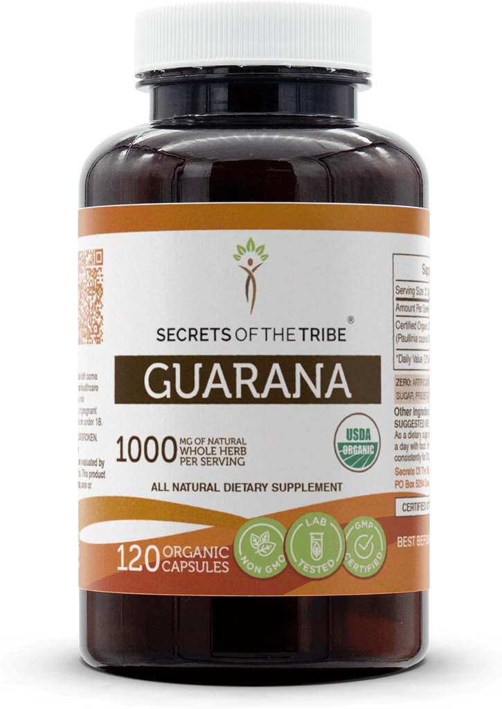 Secretos de la Tribu Guarana USDA Organic Capsules ← Certified Organic Vegetarian Capsules, Herbal Dietary Supplement viv Paullinia Cupanais Dried Seed (120 Conde)