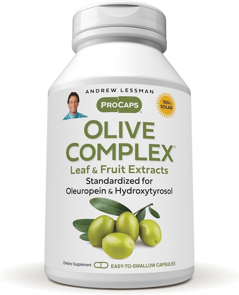 ANDREW LESSMAN Olive Complex - 60 Capsules - Leaf and Fruit Extracts. Estándarizado para Oleuropeina e Hidroxityrosol para apoyar la salud cardiovascular e inmunológica. Cápsulas pequeñas fáciles de absorber