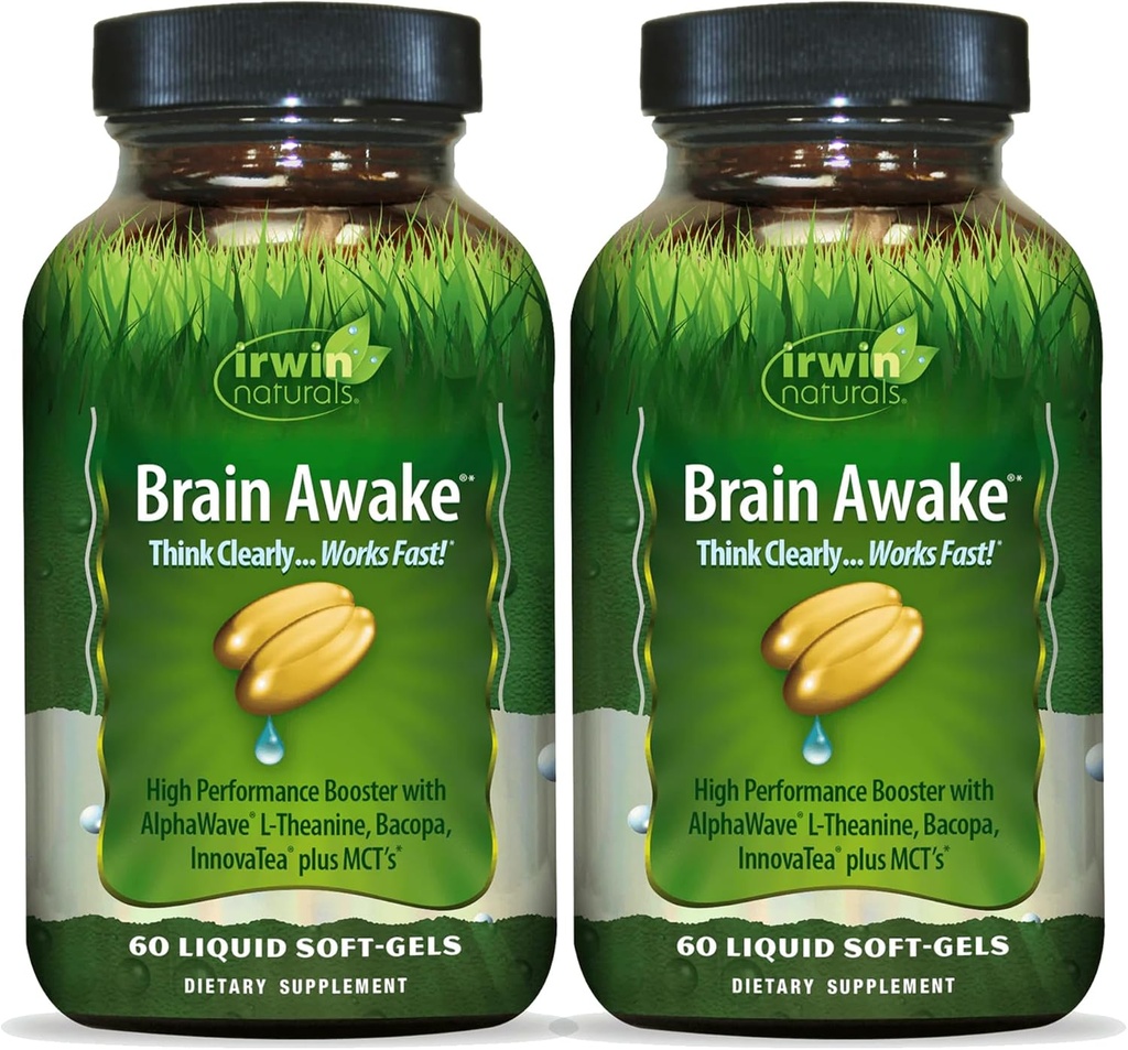 Irwin Naturals Brain Awake - 60 Liquid Softgels, Pack of 2 - Mejora del rendimiento mental, mayor enfoque, claridad y concentración - Booster nootrópico con L-Theanine, Bacopa, MCT