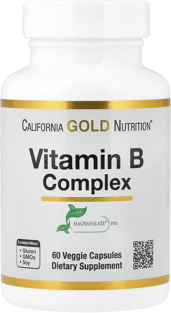 California Gold Nutrition Complejo de vitamina B, Thiamin B1, Riboflavin B2, Niacin B3, Pyridoxine B6, Biotina B7, Ácido Pantoténico B5 y Pro Folate B9, Gluten Free, Non GMO, 60 Veggie Capsules