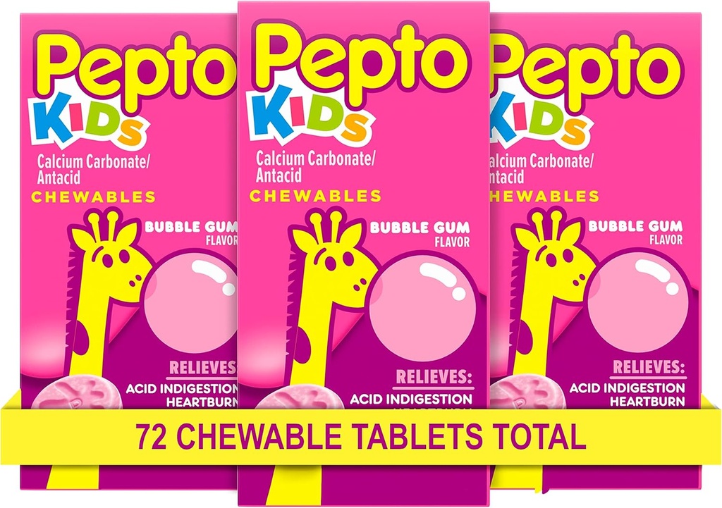 Pepto Kid's Chewable Tablets for Heartburn, Acid Indigestion, Sour Stomach y Upset Stomach, Bubblegum Flavor, 72 Total (3 Packs of 24)