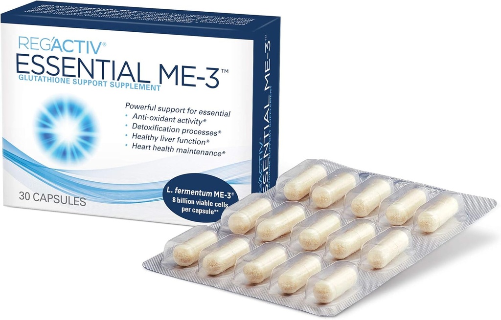 Reg'Activ Essential ME-3, 30 Capsules. Un Probiótico Produciendo Glutathione que proporciona Glutathione a la Intestina para la Suplementación Guthatione eficiente