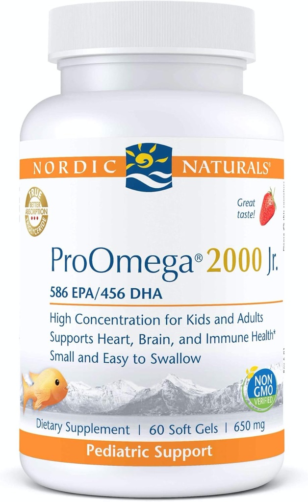 Nordic Naturals ProOmega 2000 Jr., Strawberry Flavor - 60 Soft Gels - 1120 mg Omega-3 - Ultra Potent Fish Oil - EPA & DHA - Promueve Cerebro, Corazón, & Immune Health - Non-GMO - 30 Servings