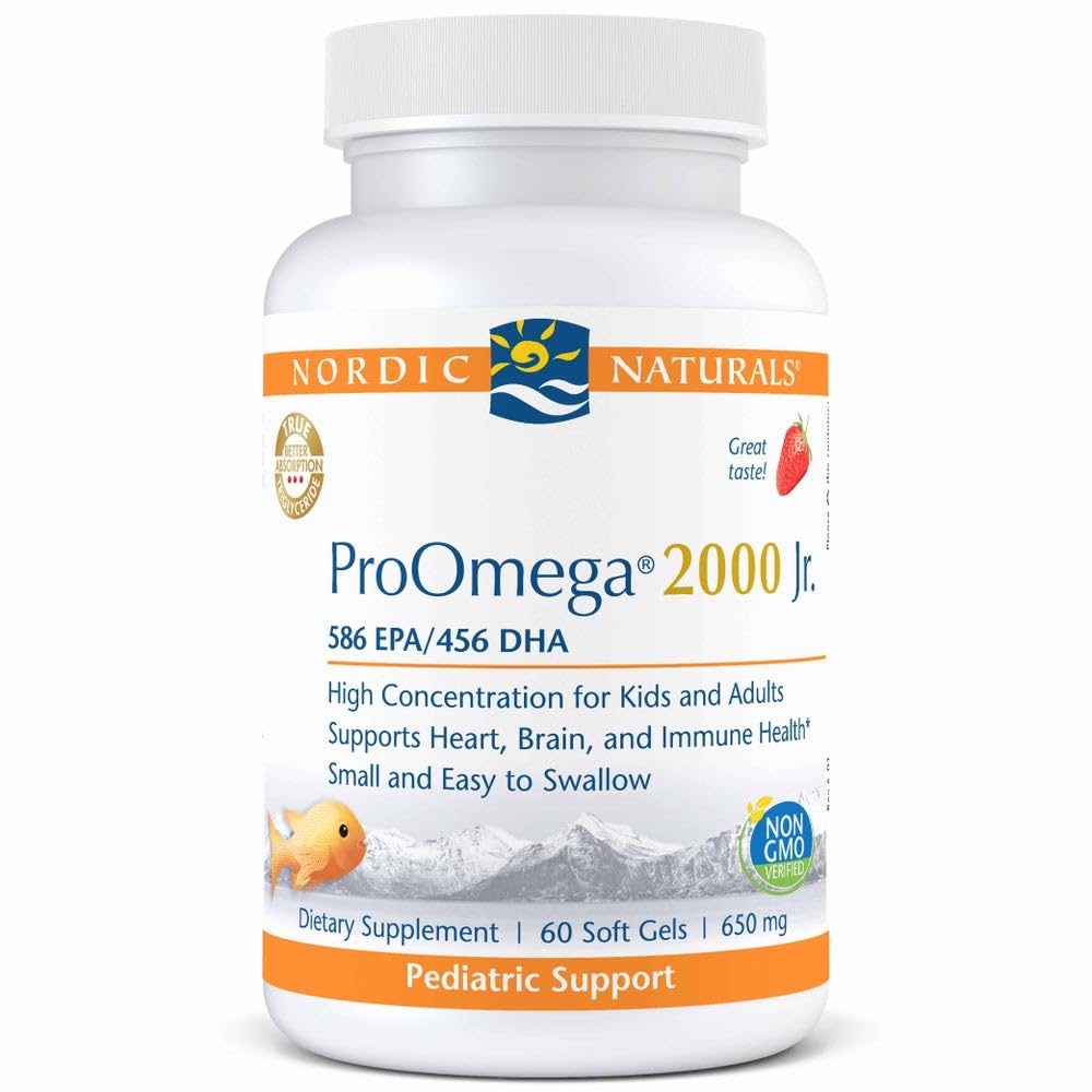 Nordic Naturals ProOmega 2000 Jr., Strawberry Flavor - 60 Soft Gels - 1120 mg Omega-3 - Ultra Potent Fish Oil - EPA & DHA - Promueve Cerebro, Corazón, & Immune Health - Non-GMO - 30 Servings