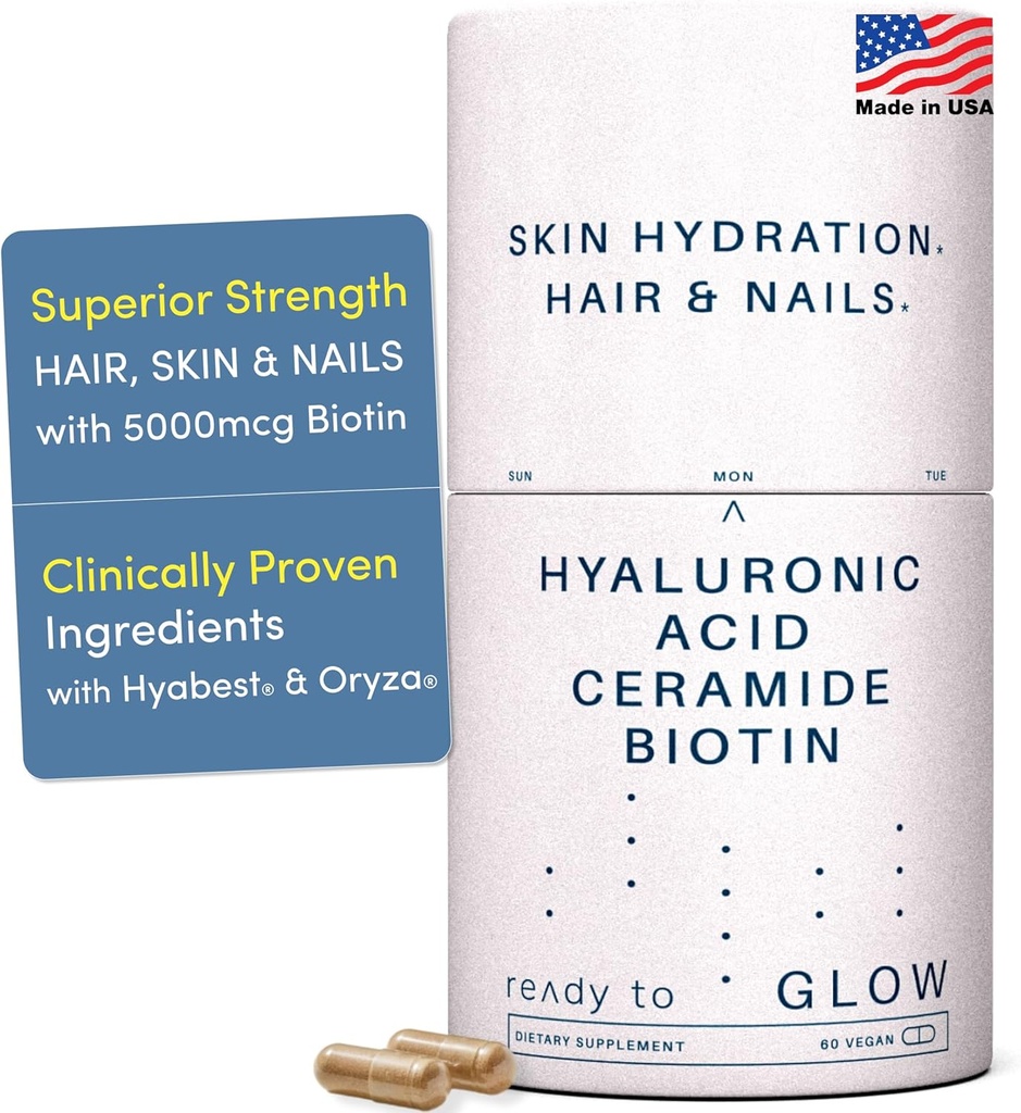 GLOW Anti Aging Supplement - Hyabest® Hyaluronic Acid, Phytoceramides, 5000 mcg Biotin, Vitamina A, C, E, Zinc - Hair Skin Nails Vitaminas para Hombres Mujer - Arrugas & Skin Hydration - 60 cápsulas