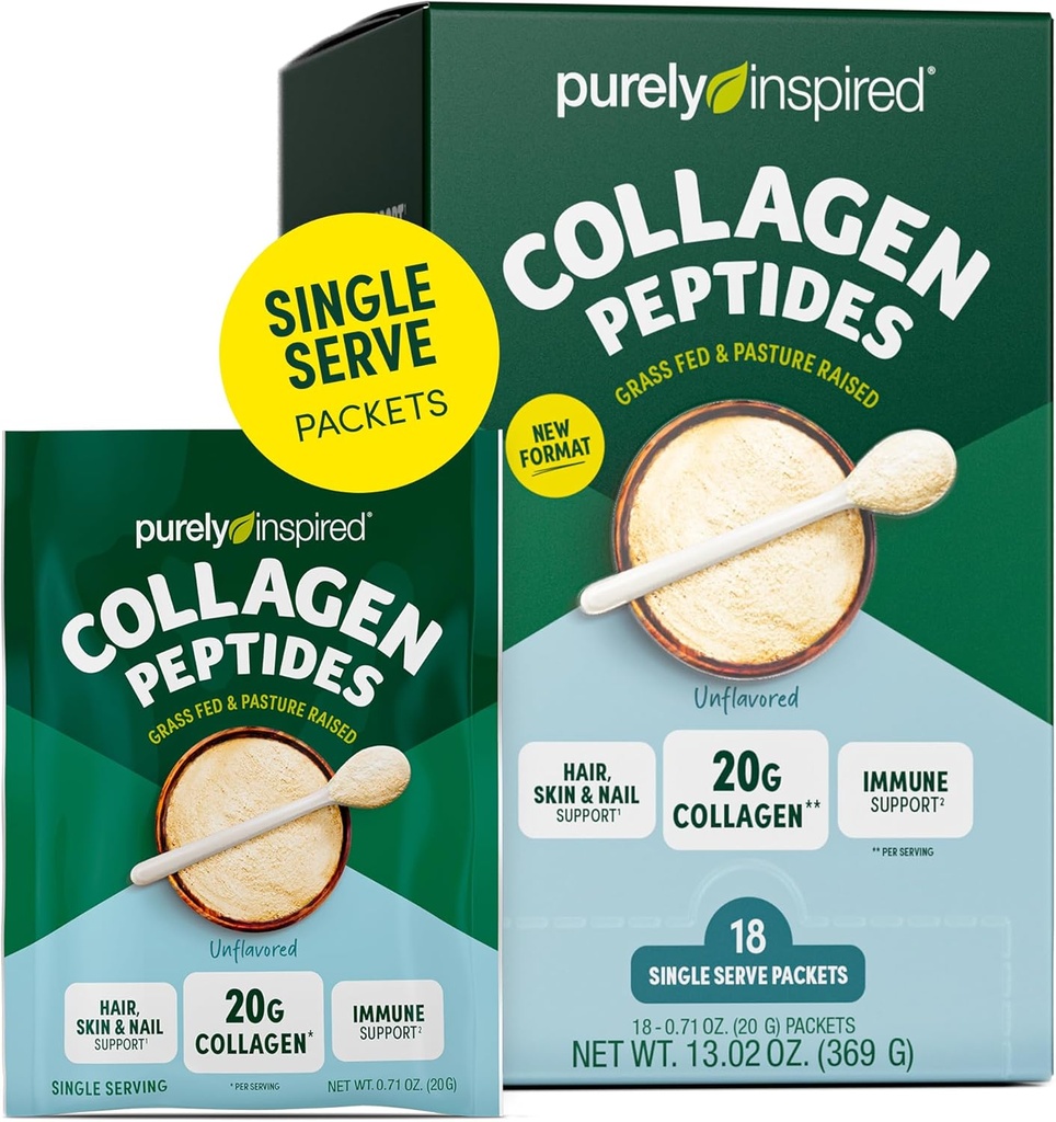Purely Inspired Collagen Powder, 18 Single Serve Packets, Unflavored - 20g Collagen Peptides Protein Powder for Women &amp; Hombre - Grass-Fed & Pasture Raised - Gluten-Free, Paleo & Keto-Friendly