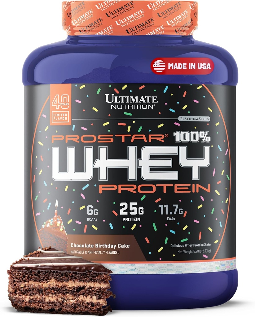 Ultimate Nutrition Prostar Whey Protein Powder Isolate, Pastel de Cumpleaños de Chocolate - Bajo Carb, High Protein Powder Shake para la ganancia de músculo &amp; recuperación - Bajo Sodio, Bajo-Fat > Keto Friendly - 5.28 libras Tub