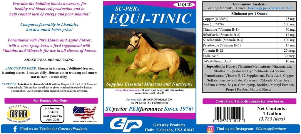 SU-PER Equi-Tinic Horse Minerals Supplement - Essential Minerals and Nutrients for Healthy Blood Cells & Energy - 1 Gallon
