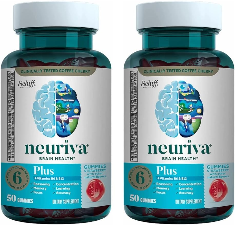 NEURIVA Plus Suplemento cerebral para memoria, concentración + función cognitiva con fosfatidilserina y neurofactor, VIT B6 &amp; B12, sabor a frambuesa, 50 Gummies (2 Pack)