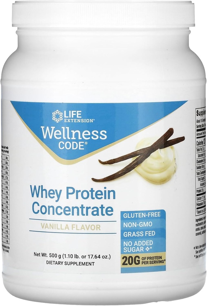 Código de bienestar de la extensión de vida Concentración de proteínas 20g Crecimiento muscular & Immune Salud - Fuente de Grass-Fed, Free-Range, Vacas libres de hormonas, No GMO, No hay azúcar añadido, Vainilla- 500g