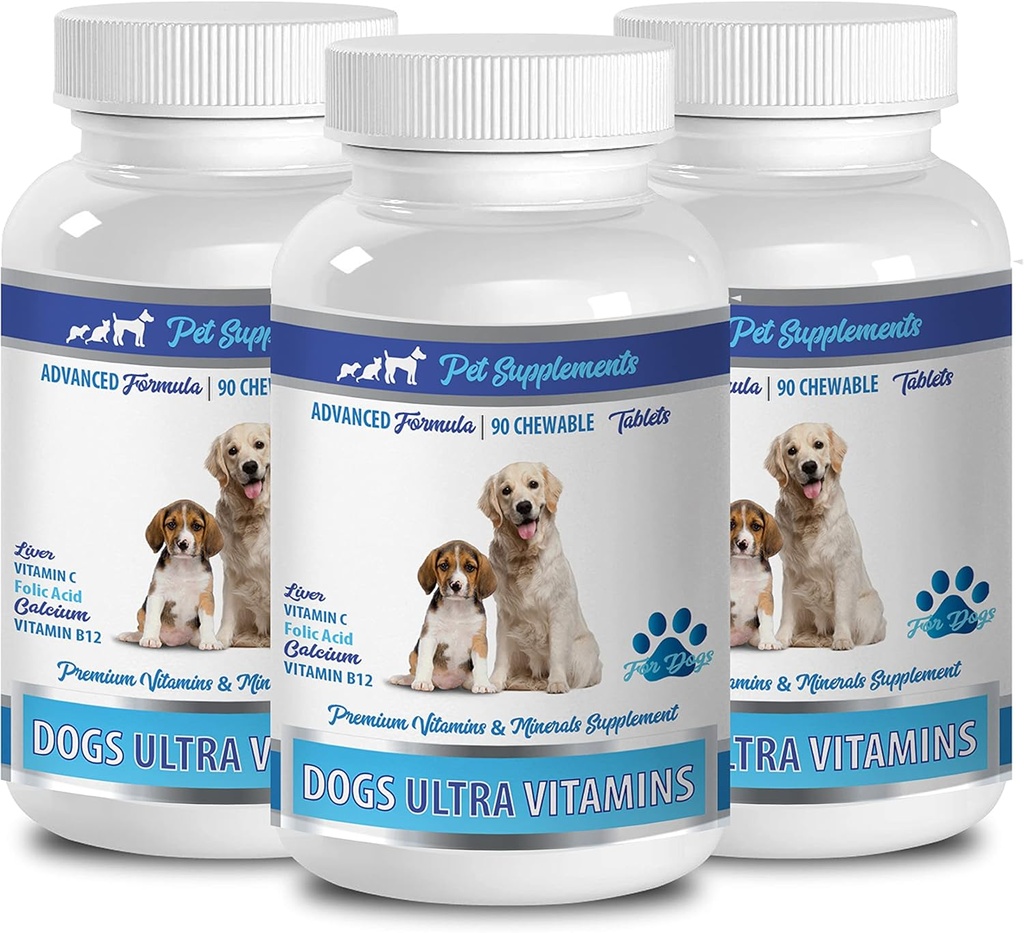 Vitaminas Minerales Perros - Ultra Vitaminas para Perros - Cerdos - Potente Fórmula - Complejo Mineral - Tablas de Calcio Perro - 270 Trucos (3 Botellas)