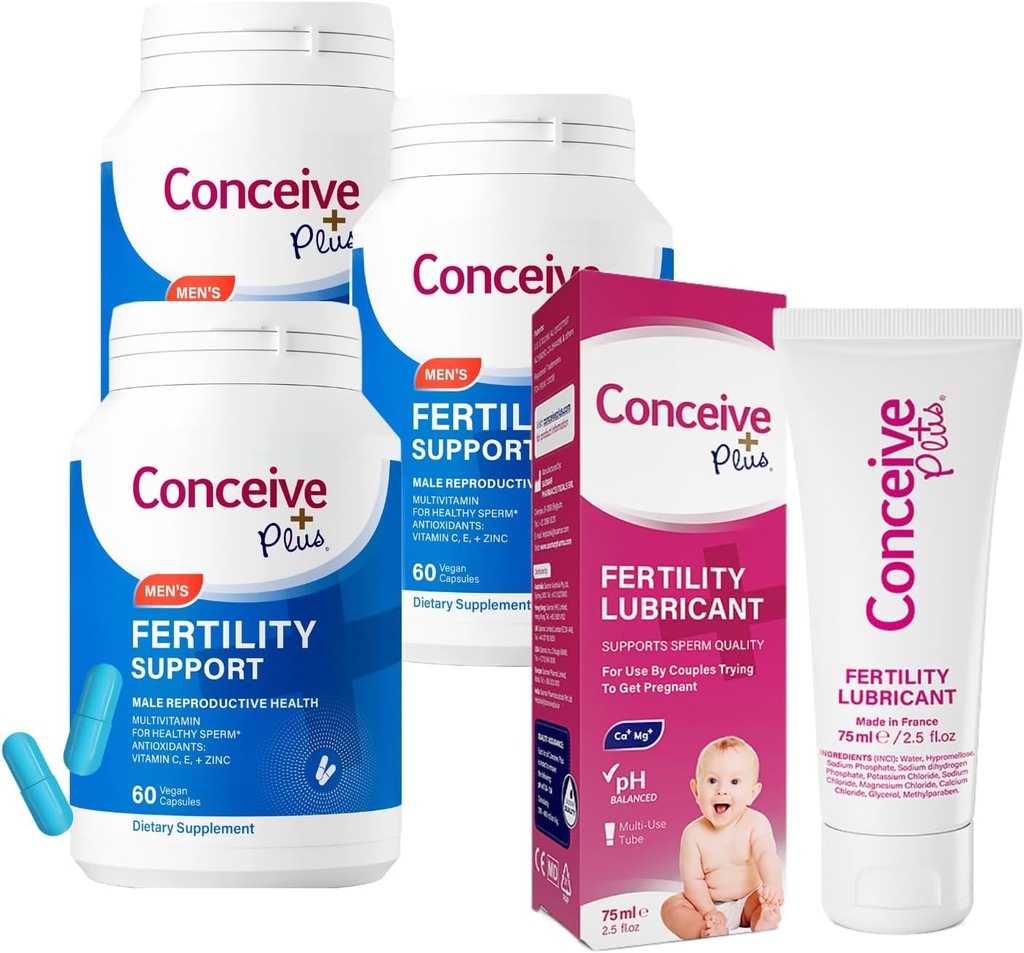 CONCEIVE PLUS Hombres Fertilidad Bundle Silencio 3 Meses Suministro Fertilidad Suplementos de vitamina para Hombres 3 x 60 Conde y Fertilidad Lubricante 2.5 onzas