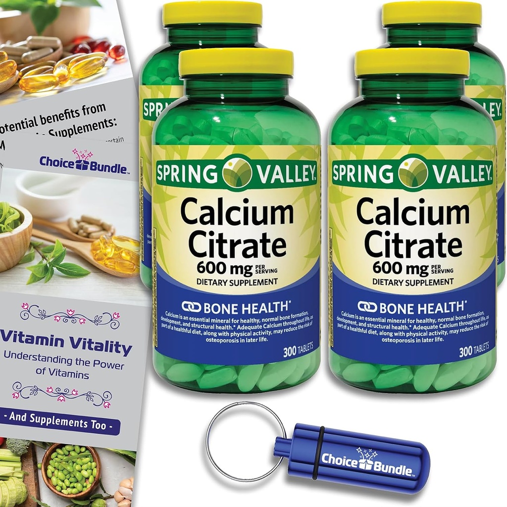 Spring Valley Calcium Citrate Tablets Dietary Supplement 600 mg 300 Ct 4 pk Choice Bundle (1200 Total) + Vitamin Guide &amp; Pill Container (6 Artículos)!